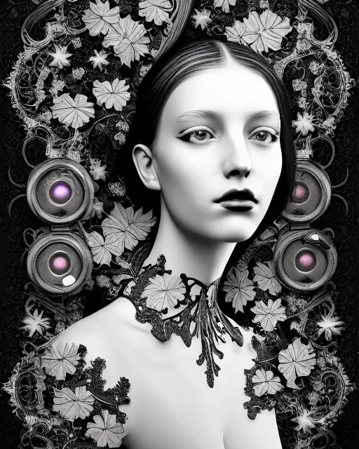 Image similar to monochrome profile portrait painting, dutch masters, silver lace floral steampunk biomechanical beautiful young female cyborg with one techno eye, monocular, volumetric light, leaves foliage and stems, hibiscus flowers, alexander mcqueen, rim light, big gothic fashion pearl embroidered collar, 8 k