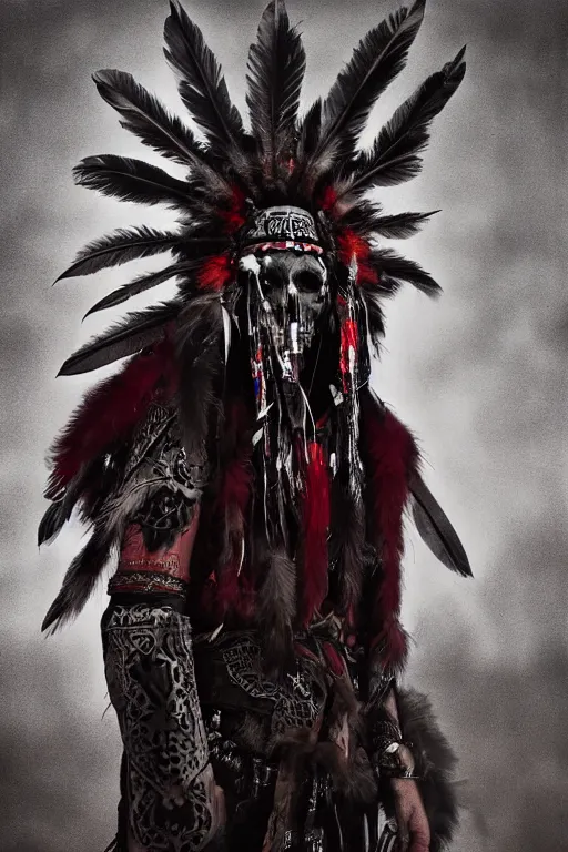 Image similar to the ghost - spirit of the grim - warpaint wears the scarlet skull armor and native blood headdress feathers, midnight fog - mist!, dark oil painting colors, realism, cinematic lighting, various refining methods, micro macro autofocus, ultra definition, award winning photo