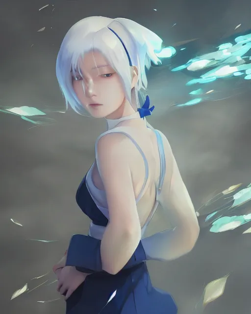 Prompt: a pale korean girl with white hair wearing a blue outfit with blades hovering around her, full shot, perfectly shaded body, atmospheric lighting, detailed face, by makoto shinkai, stanley artgerm lau, wlop, rossdraws