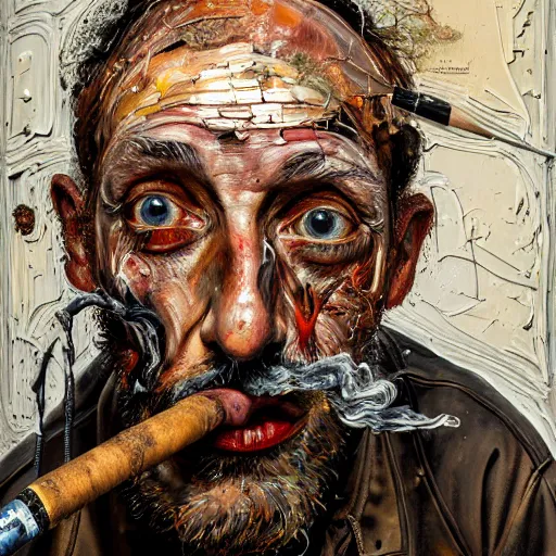 Prompt: an extreme close up portrait a beared wizard smoking a pipe, front angle, by Lucian Freud and Jenny Saville and Anselm Kiefer, oil painting, rust, Scaffolding, rusted metal, iron cladding, decay, mixed media, textured, anatomically correct, beautiful perfect face, visible brushstrokes, sharp focus, Highly Detailed, Cinematic Lighting, 8k, HD