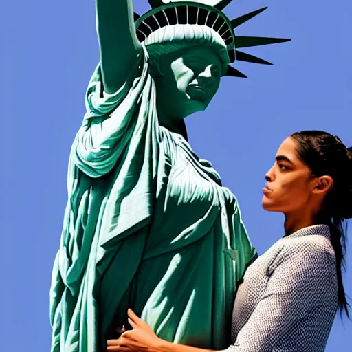 Image similar to lady liberty making out with alexandria ocasio - cortez, very realistic, hyper real, photojournalism