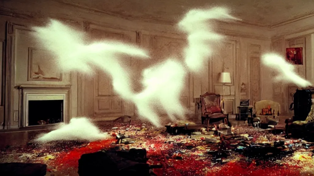 Prompt: colored powder explosion in the living room, film still from the movie directed by Denis Villeneuve with art direction by Salvador Dalí, wide lens