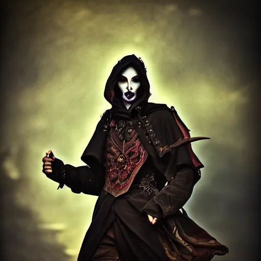 Image similar to portrait of a male warlock,Grim fantasy, D&D, HDR, natural light, medium close shot, dynamic pose, award winning photograph, Mucha style