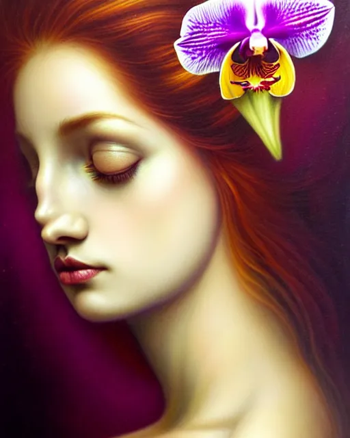 Prompt: portrait of the beautiful young goddess of orchids, unusual beauty, etheric, outworldly colours, emotionally evoking symbolic metaphors, head in focus, fantasy, ornamental, intricate, elegant, highly detailed hyperrealistic painting, artstation, concept art, painterly, golden ratio, sharp focus, illustration, art by anna dittman,