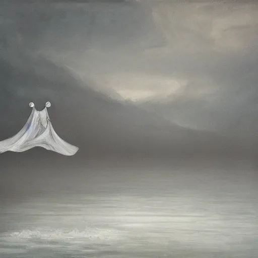 Image similar to ominous bedsheet ghost floating above a frozen lake, oil painting, brush strokes, gloomy foggy atmosphere, symmetrical, full body image, highly ornate intricate details,