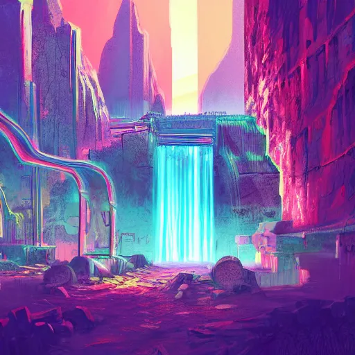 Image similar to neon ancient ruins with waterfalls,digital art,retrowave art,trending on art station