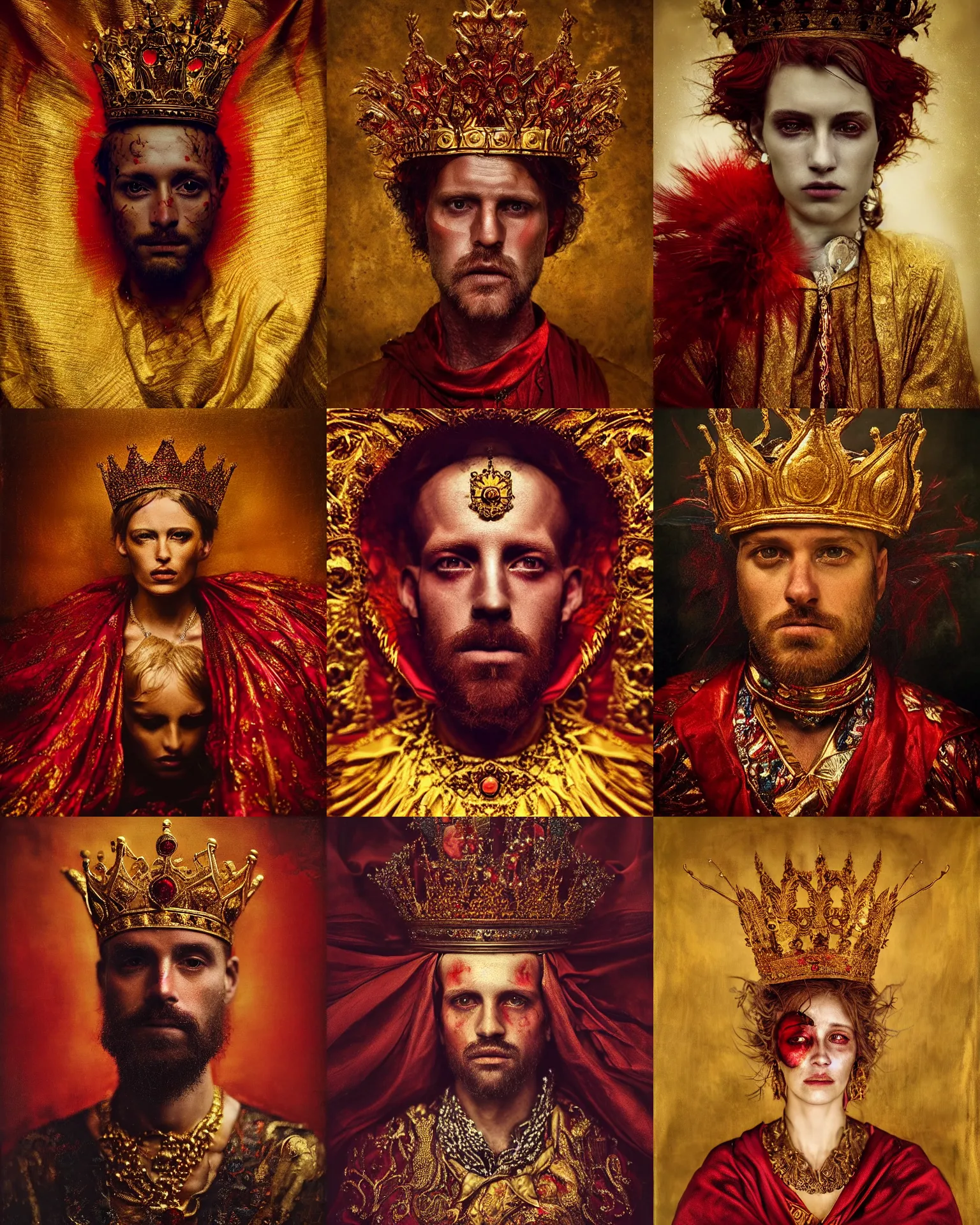 Prompt: 'Portrait of Crowned King Arthur' by Lee Jeffries royally decorated, whirling plasma, atmospheric motes, red and gold Sumptuous garb, gilt silk fabric, radiant colors, fantasy, perfect lighting, studio lit, micro details, decor by Gustav Klimt