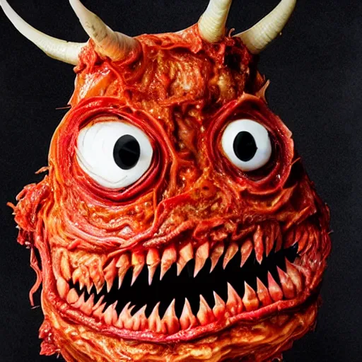 Prompt: an ominous terrifying being made of kimchi and hatred with sharp teeth and flaming eyes and horns