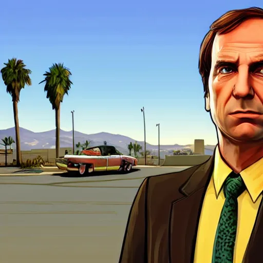 Image similar to Saul Goodman in GTA V . Los Santos in the background, palm trees. In the art style of Stephen Bliss.