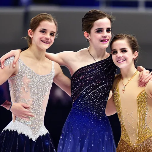 Image similar to a photo of two girls and emma watson won the gold medal of figure skating, highly detailed, cinematic lighting