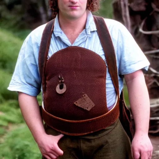 Prompt: clean shaven pudgy British lad with short curly dark brown hair as a hobbit wearing a white men's crossbody sling chest bag and blue vest, high resolution film still, movie by Peter Jackson