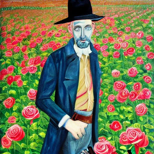 Prompt: a painting of a tall man with blue eyes that is wearing a wide brim hat and a leather vest. He has no facial hair. He is holding a revolver in his left hand and a rose is in his right hand. He is standing in a field of roses.