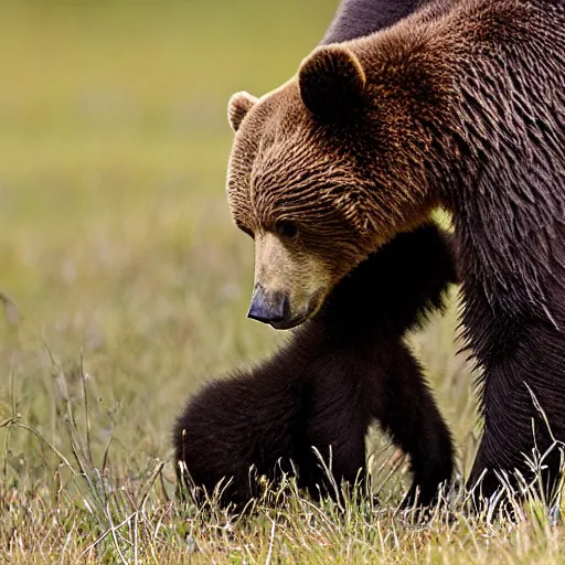 Prompt: a bear cub with his mother, photo taken by nikon, wildlife photography, nature magazine, tele lens