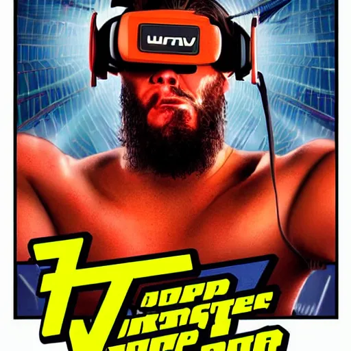 Image similar to cinematic poster art of wrestlers wearing vr headsets, gta cover style, tap out, wrestlemania poster, ufc, digital illustration by basil gogos