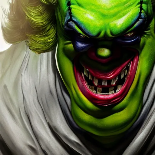 Prompt: hulk as pennywise, 8 k, realistic, photo real, smooth, sharp, intricate detail, hyper detail, dramatic lighting, dramatic shading