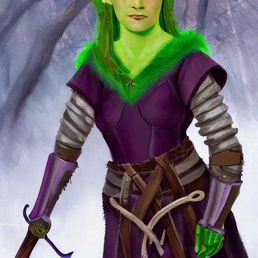 Image similar to anya charlota as a medieval fantasy wood elf, dark purple hair tucked behind ears, wearing a green tunic with a fur lined collar and leather armor, scar across nose, one black, scaled arm, wielding a battleaxe, cinematic, character art, painting, forest background, realistic.