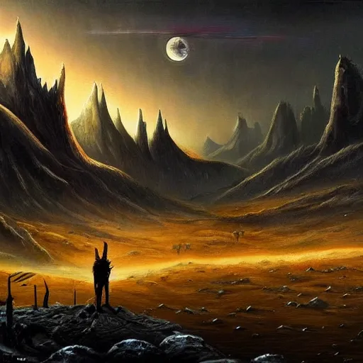 Image similar to big dark landscape wallpaper, out of this world fantasy, chilling overwhelming oil painting, brutal unforgiving creatures waiting in the shadows, hopeless and dreadful sounds