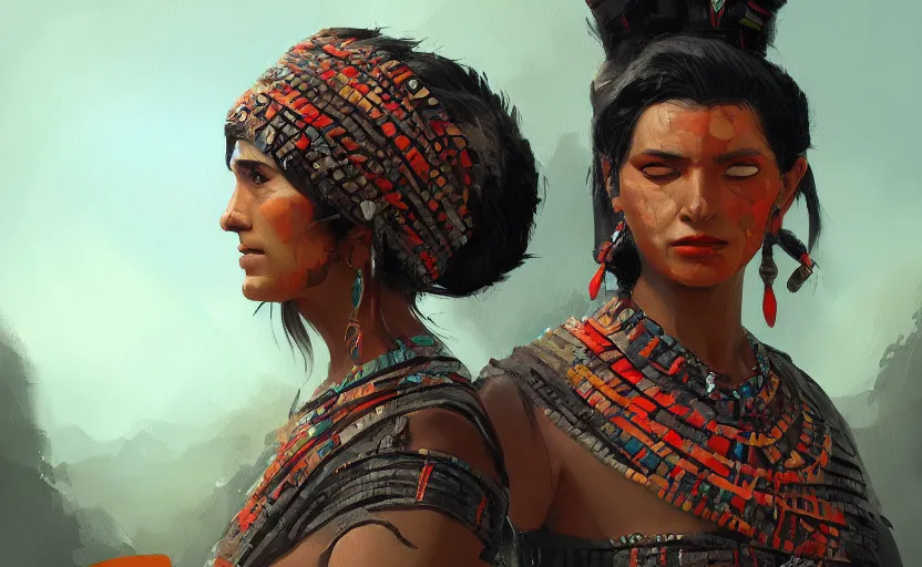 Prompt: A painting of a Aztec Woman trending on artstation in the style of Greg Rutkowski