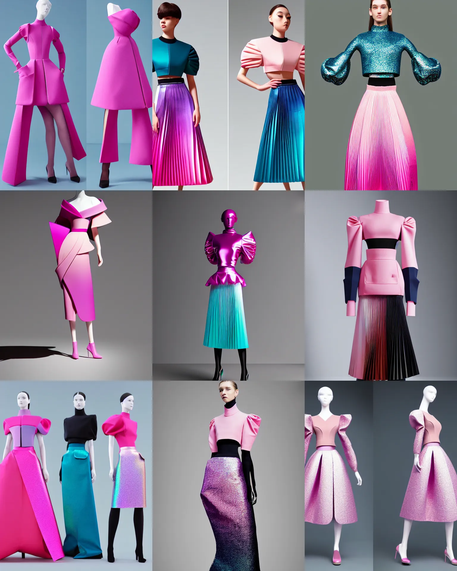 Prompt: designer figure collection ball shaped accordion sleeve haute couture, sailor uniform, midi skirt, coat pleats, synthetic curves striking pose, dynamic folds, cute huge pockets hardware, volume flutter, youthful, modeled by modern designer bust, body fit, award fashion, pink teal gradient scheme, holographic tones, expert composition, high detail, professional retouch, editorial photography
