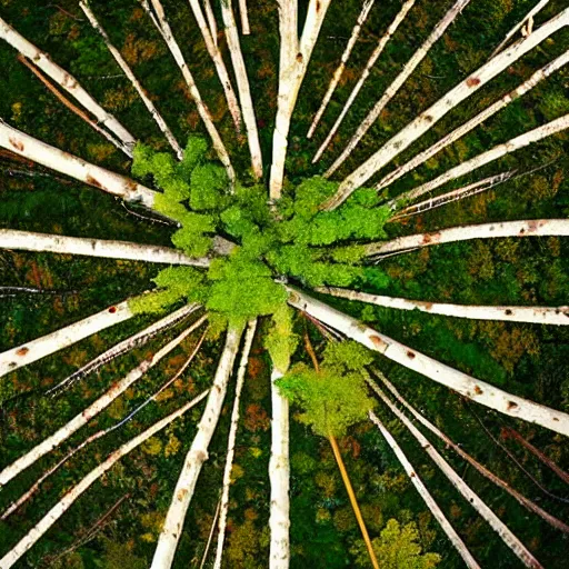 Image similar to Looking down at the forest floor at a 45 degree angle, covered in fallen leaves, A green gold forest in Japan, dark, midnight, ghostly white trees, Gustav Klimt