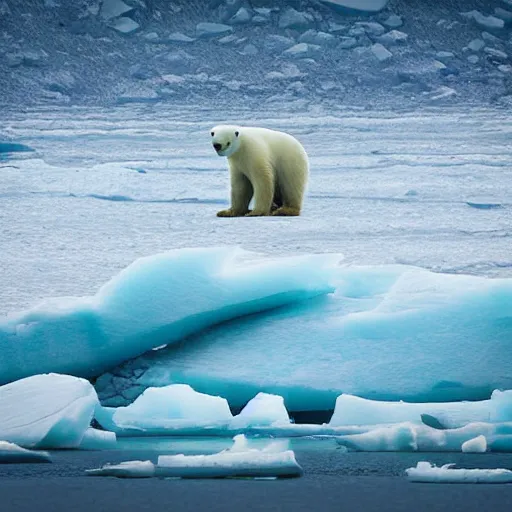 Prompt: a lonely polar bear on an iceberg. stormy seas. photograph in the style of simon stalenhag