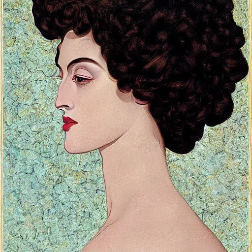 Image similar to oil painting of a portrait of a Queen dark curly hair, fair skin, by Patrick Nagel, by Georgia O Keeffe, by Gustave Moreau, art deco, matte drawing, storybook illustration, tonalism, realism