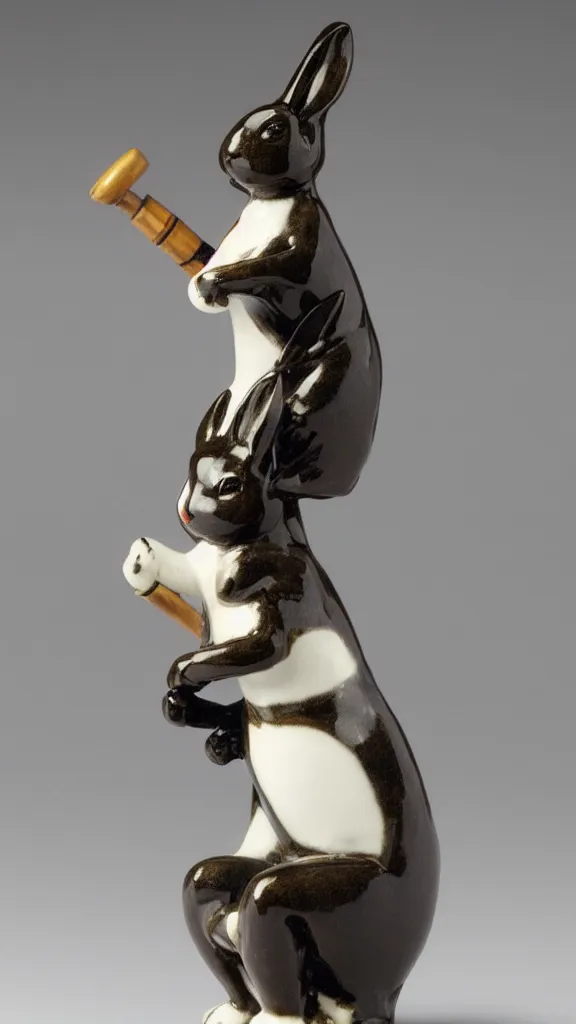 Image similar to a porcelain rabbit statue with a japanese kiseru pipe painted by john singer sargent