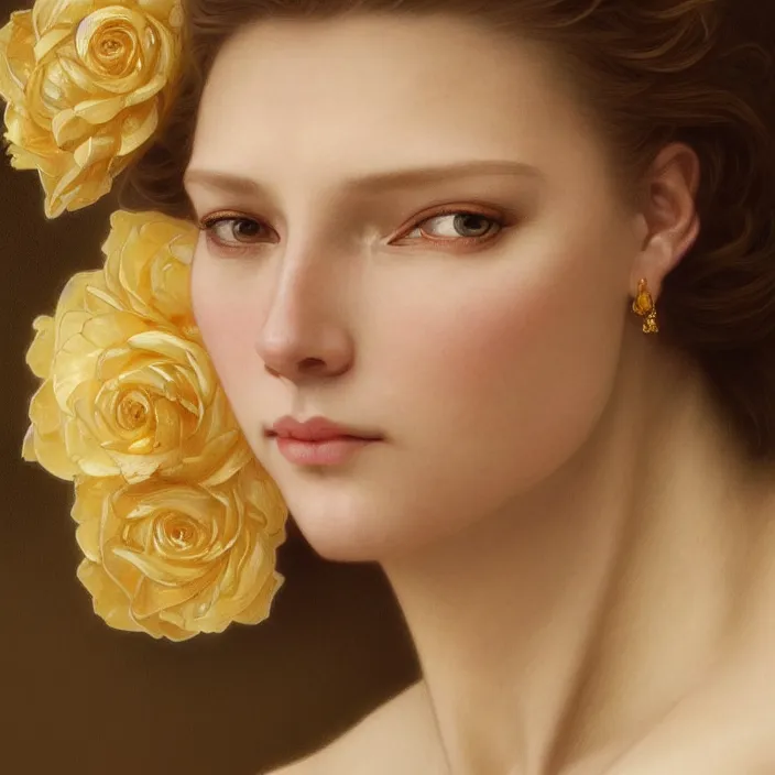 Prompt: realistic portrait of crudelia de mon with thin gold roses, intricate, elegant, highly detailed, wonderful eyes, sweet, digital painting, artstation, concept art, smooth, sharp focus, illustration, art by artgerm and greg rutkowski and alphonse mucha and william - adolphe bouguereau