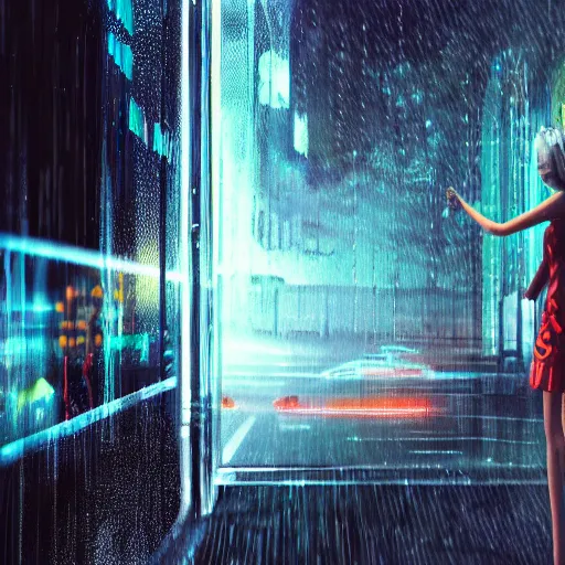 Image similar to hyperdetailed beautiful girl in the rain interacting with a holographic interface on a wall in a future cyber punk style city trending on cgsociety