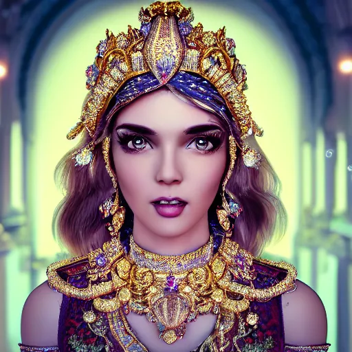 Image similar to portrait of pretty princess with perfect skin, beauty, glowing, ornate and intricate diamond jewelry, jaw dropping, ornate and intricate backdrop, white accent lighting, hyper detailed, 4 k octane render