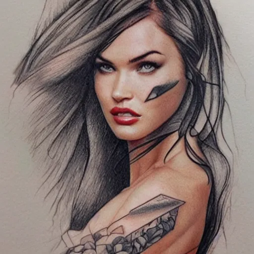 Image similar to realism tattoo sketch of double exposure megan fox with beautiful mountain scenery, in the style of andrey lukovnikov