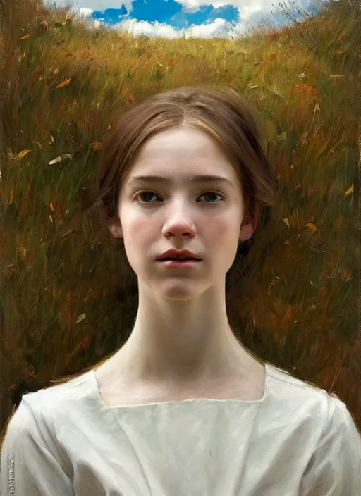 Image similar to portrait of a levitating girl dressed in white clothes, countryside, calm, fantasy character portrait, dynamic pose, above view, sunny day, thunder clouds in the sky, artwork by Jeremy Lipkin and Giuseppe Dangelico Pino and Michael Garmash and Rob Rey, very coherent asymmetrical artwork, sharp edges, perfect face, simple form, 100mm