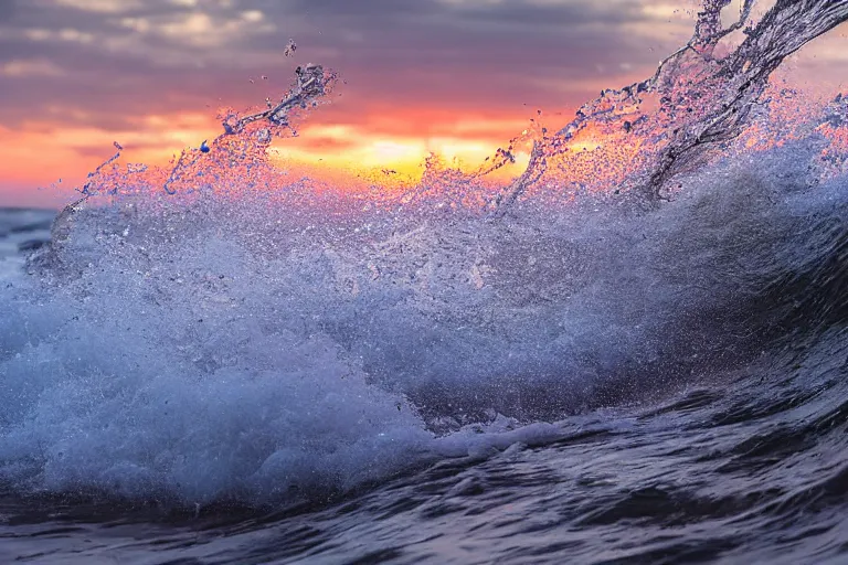 Prompt: high-speed extreme close-up photography splashing wave breaking on the ocean's sandy shore at sunset