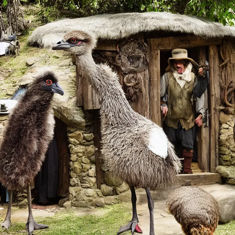 Image similar to an emu in the middle of a crowded hobbit tavern