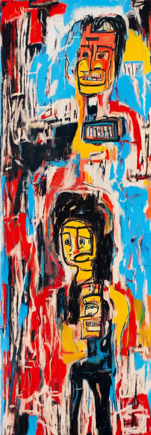 Image similar to young woman taking a selfie and smiling whilst a barn burns down in the background, jean - michel basquiat, soft edges, subtle calm and serene painting