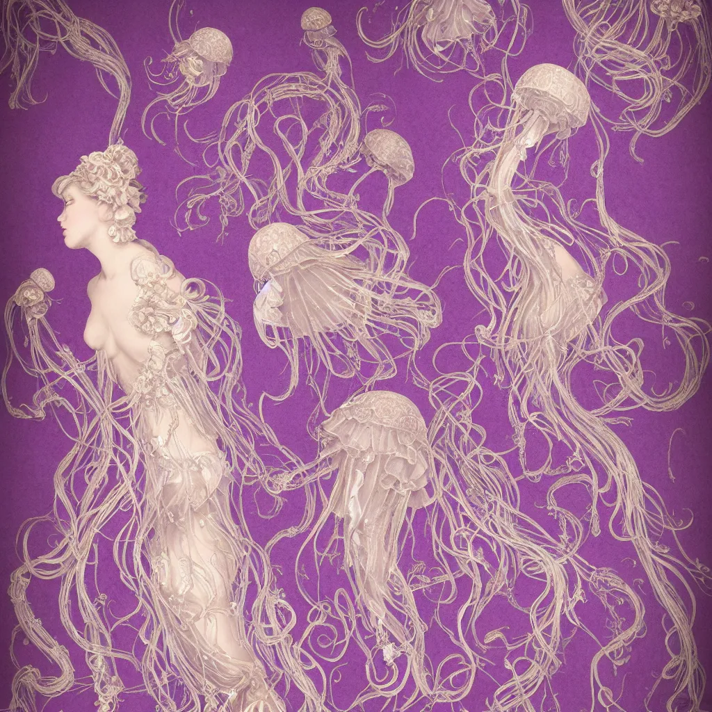 Image similar to purple dress design in the style of rococo,Victorian era,jellyfish element,dreamy, soft,Backlight ,luminescence,highly detailed,8k