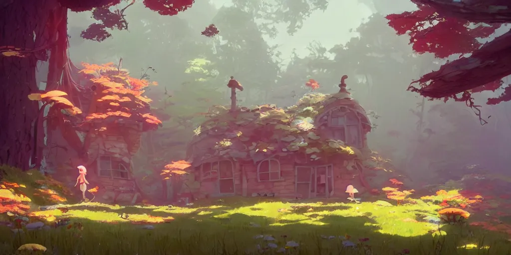 Image similar to fairy mushrooms house, moss, lianne, by cory loftis & akihiko yoshida & james gilleard & atey ghailan & makoto shinkai & goro fujita & studio ghibli, rim light, exquisite lighting, clear focus, magic atmosphere, very coherent, plain background, soft painting