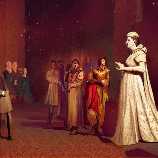 Prompt: Empress Sissi talking to a group of angry peasants at night, digital art, epic lighting