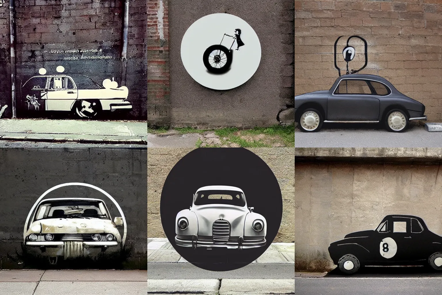 Prompt: beautiful artistic minimalistic vintage car in circle street wall art by banksy