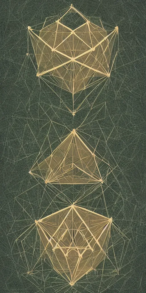 Image similar to a geometric icosahedron temple in the woods, 1940s faded risograph print, illustration, limited color palette, earthtones, double-exposure