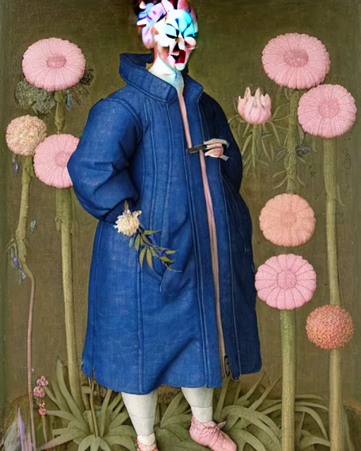 Prompt: portrait of a woman with pink hair buns, wearing a blue puffer jacket and baggy jeans, standing in a garden full of plants and flowers, white background, intricate details, high detail, in the style of rogier van der weyden and jacopo da pontormo, punk, asian art,