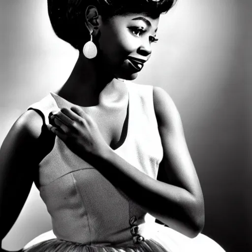 Image similar to black and white photo of a beautiful and elegant 1 9 5 9 young black actress with four in her hair