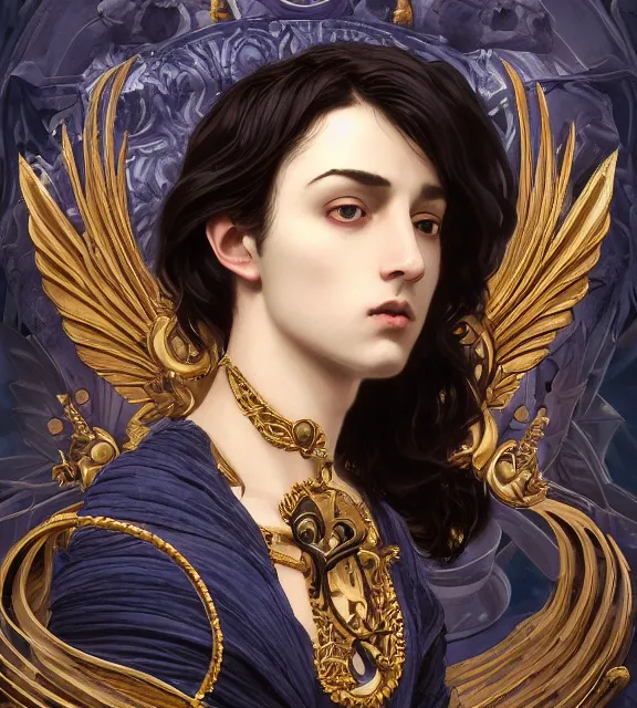 Image similar to portrait of a god of death, young male, in the underworld, elegant dark blue dress, very detailed, throne, very intricate details, jewelry, gold eyes, elaborate long black hairstyle, wings, cinematic, artstation, william bouguereau, rule of thirds, alphonse mucha, greg rutkowski, rossdraws, octane render