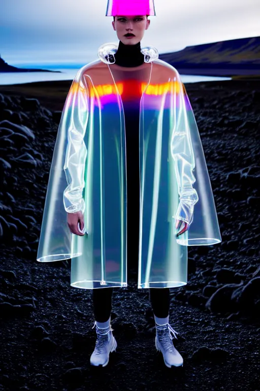 Image similar to an ultra high definition professional high fashion portrait studio full length photograph of a model wearing a transparent pearlescent raincoat and neon visor in an icelandic black rock environment at dawn. no artefacts. extremely detailed. stark. refraction. shallow depth of field. volumetric light and shadow. ray tracing. light rays.