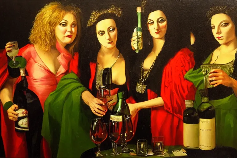 Image similar to glam rockers drinking brutal and raw wine, inside a green room with red lights in renaissance style, sfumato, oil painting