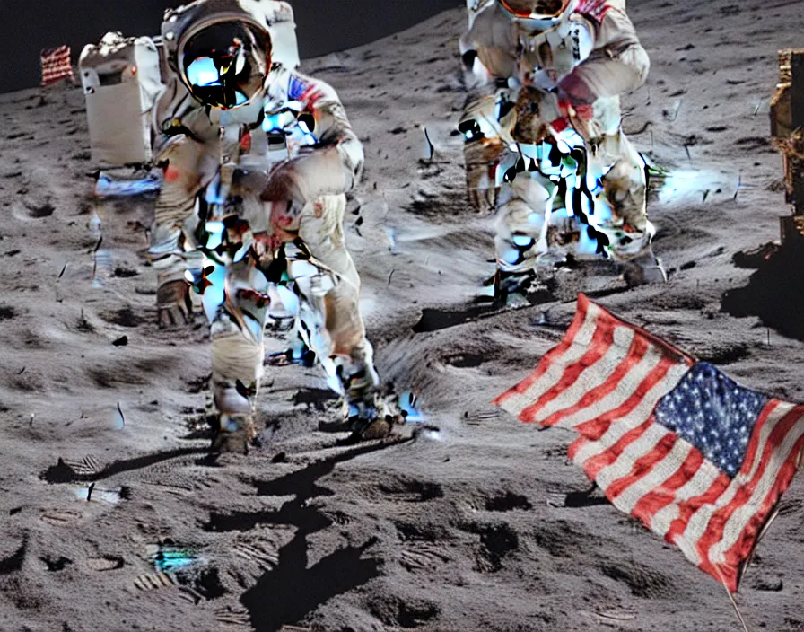 Prompt: One small step for man, one giant leap for man kind; zombie Neil Armstrong lands on the moon hoisting a neon American flag; cyberpunk moon landing; rendered by unreal engine 5; ultra high detail painting; 4K 8K; stunning composition; illustration; rich hues; saturated Miami Vice neon