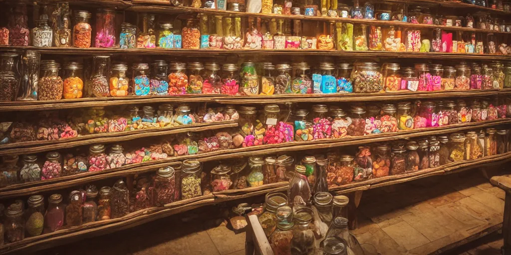 Image similar to Inside an old sweet shop, large jars on shelves, beautiful labels, fantasy vendor interior, wide angle, cinematic, highly detailed, photorealistic, rich bright colors, trending on artstation