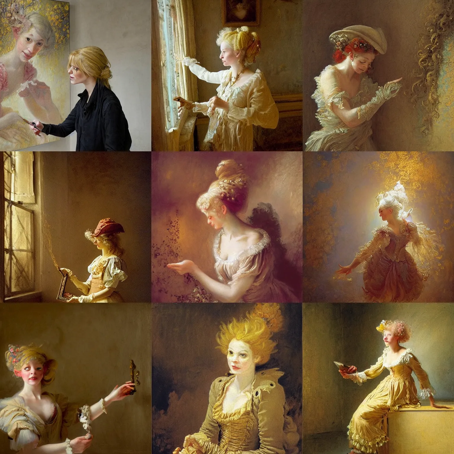 Prompt: a female museum curator with light gold hair, cheerful, fae witch, is ( ( looking at portraits on a wall ) ). light dust, magnificent, hyperdetailed, theatrical, painted by jean honore fragonard