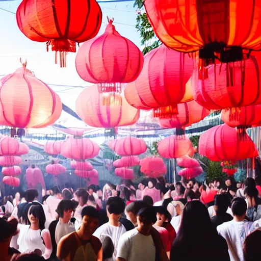 Prompt: night club, five red chinese lanterns, people's silhouettes close up, wearing white t - shirts that glow in the dark, minimalism, dark