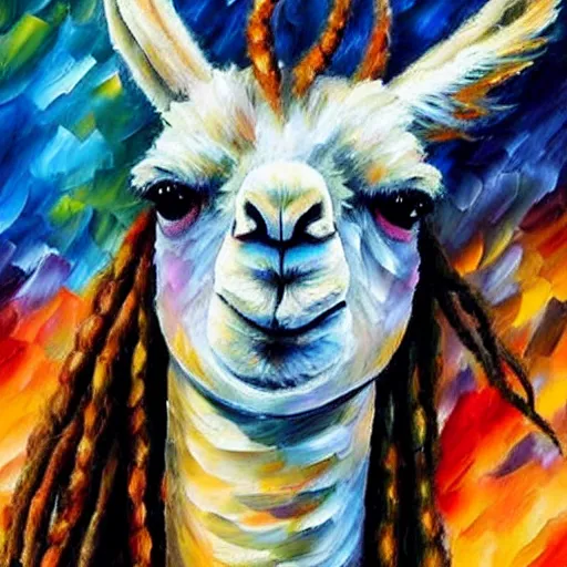 Image similar to llama with dreadlocks, heroic pose, by Leonid Afremov